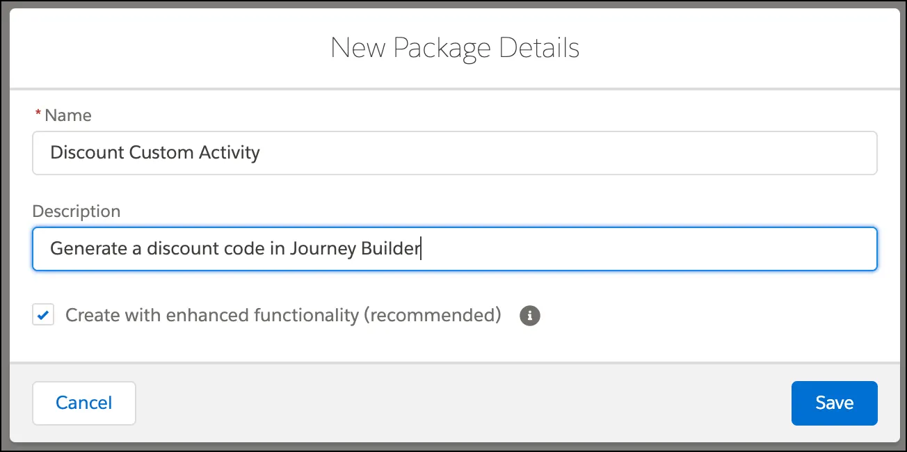 Entering a name and description for the new installed package