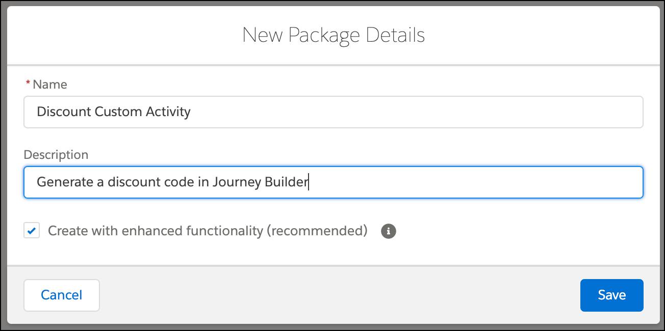 Entering a name and description for the new installed package