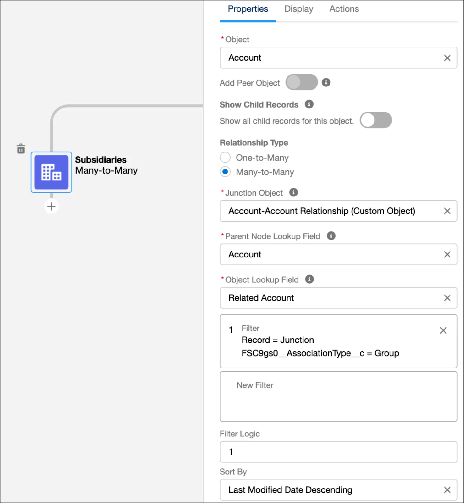 Customize subsidiaries node display: Properties tab.