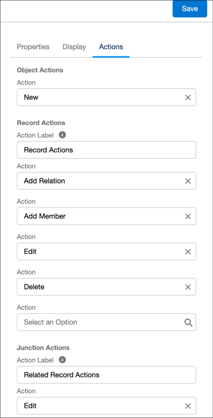 Customize subsidiaries node actions: Actions tab.