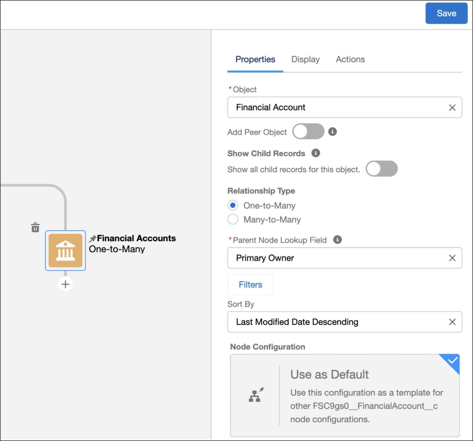 Customize financial account node properties includes Financial Accounts node and the Properties tab.