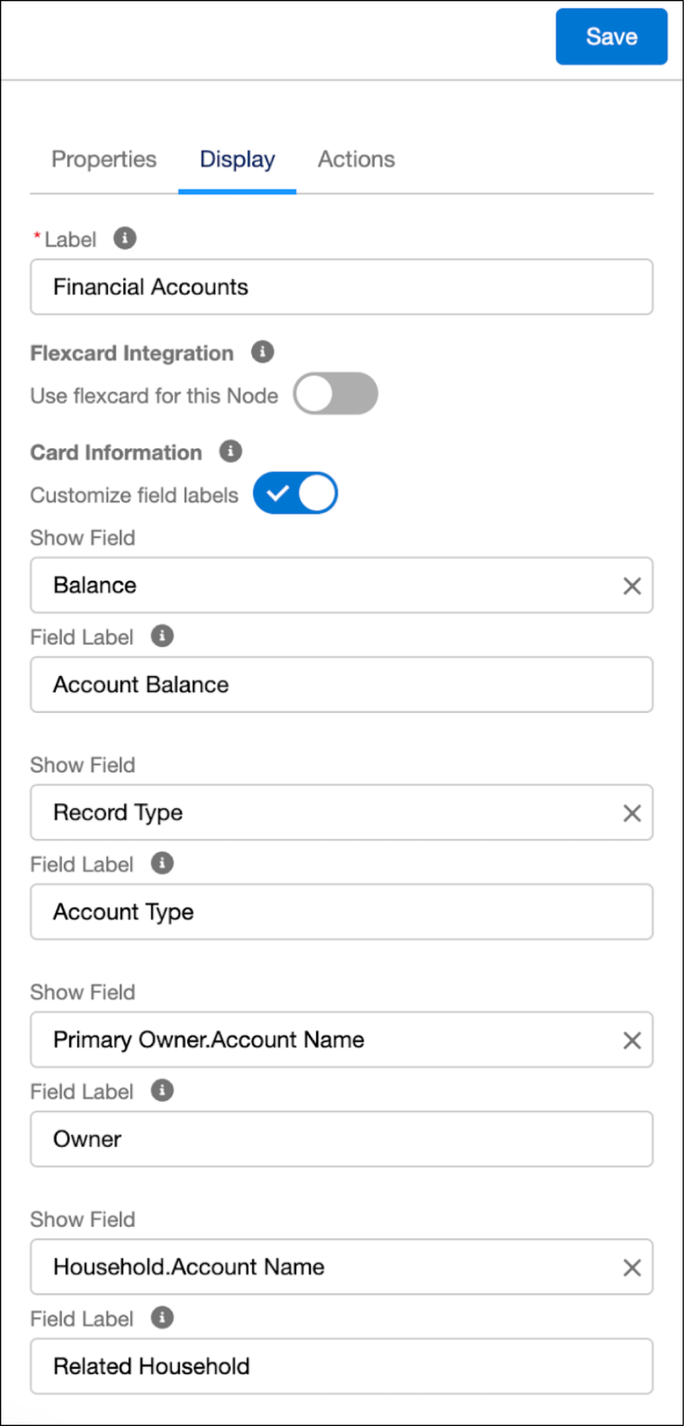 Customize financial account node display on the Display tab.
