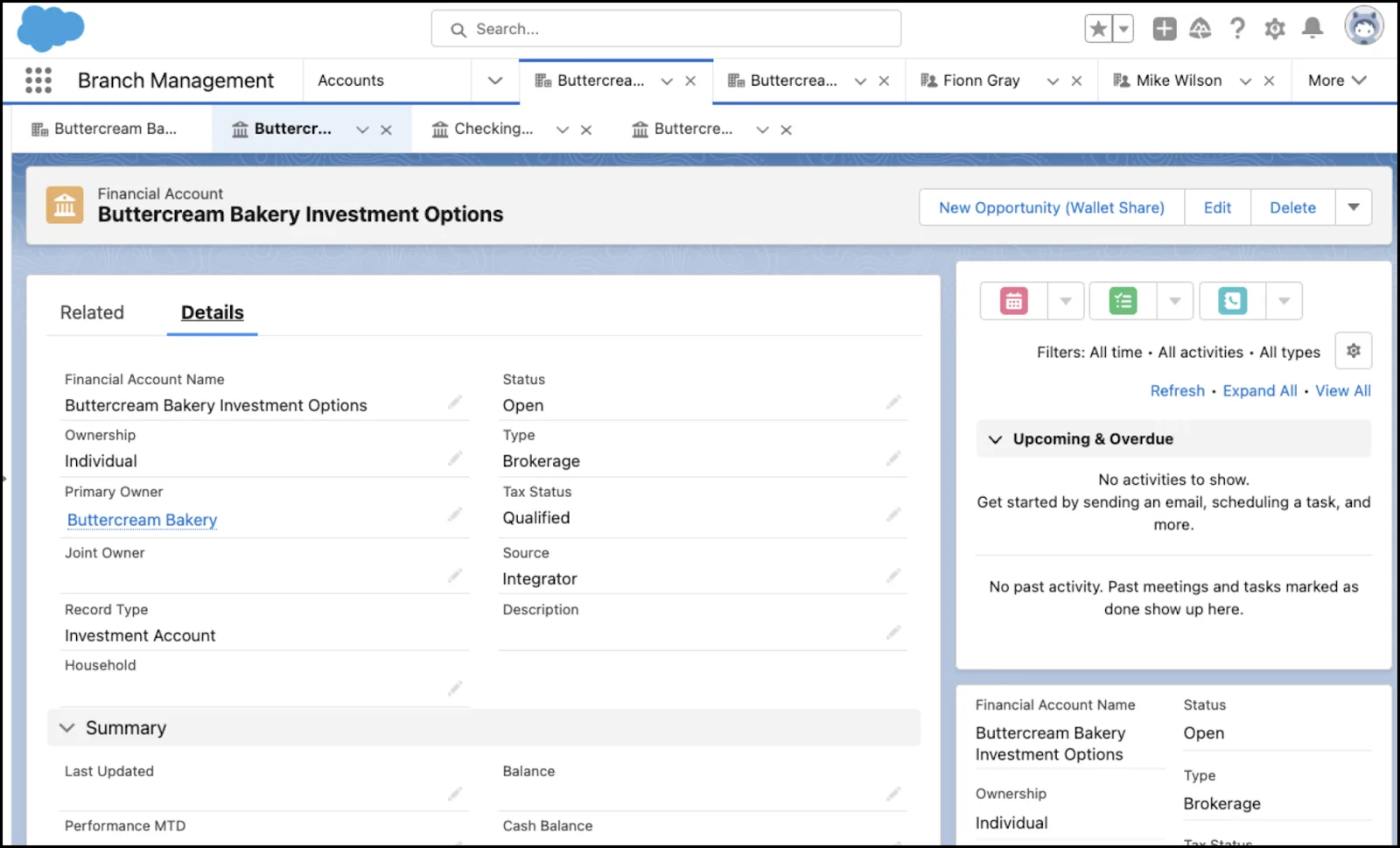 Financial Account record for Buttercream Bakery: Investment details.