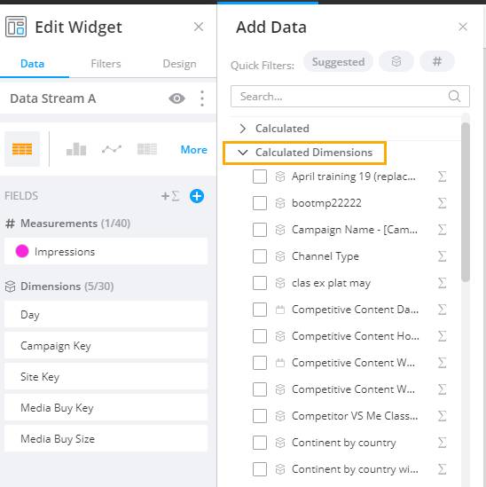 The Calculated Dimensions list in the Add Data section