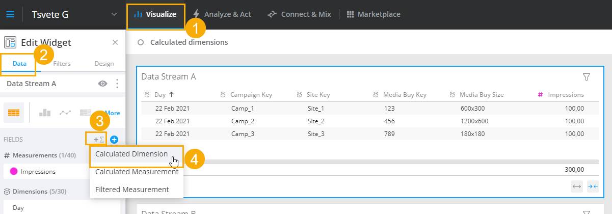 Boîte de dialogue Modifier un widget correspondant aux instructions numérotées précédentes