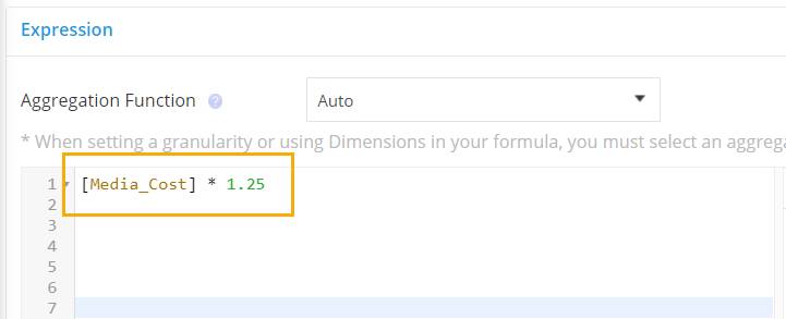 The expression window showing Media Cost multiplied by 1.25