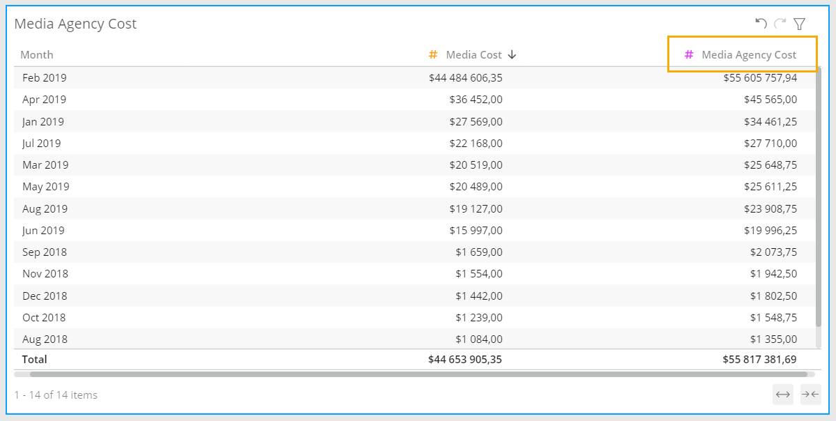 The Media Agency Cost by month table shows the Media Cost and the calculated Media Agency Cost.