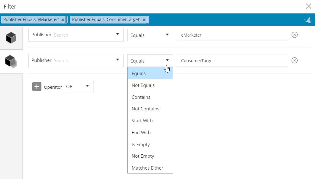 Two filters: Publisher Equals ‘eMarketer’ and Publisher Equals ‘ConsumerTarget’