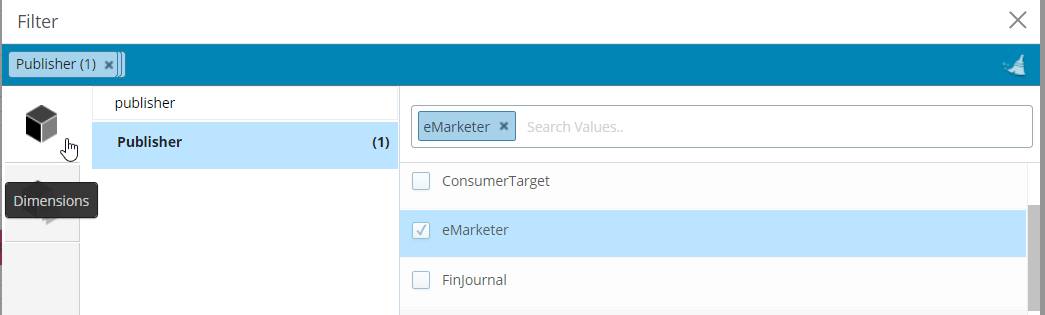 El filtro de dimensiones simple para la dimensión del publicador muestra tres valores: ConsumerTarget, eMarketer y Finjournal.