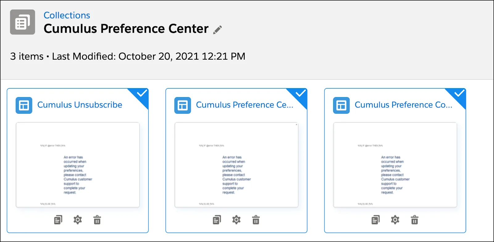 A collection of 3 pages in the Cumulus Preference Center.