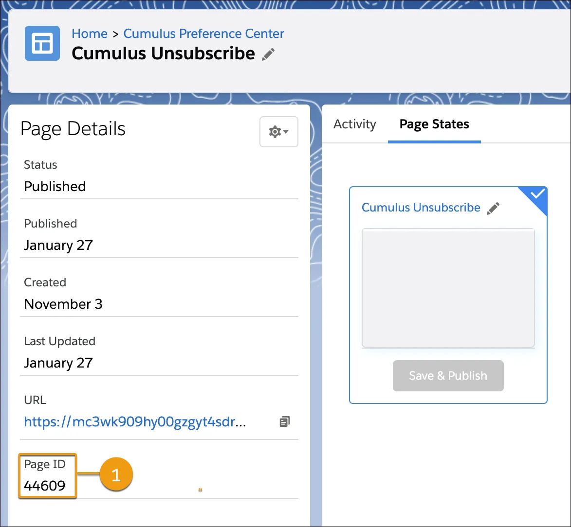 Page Details shows the status, published date, created date, last updated date, URL, and Page ID.