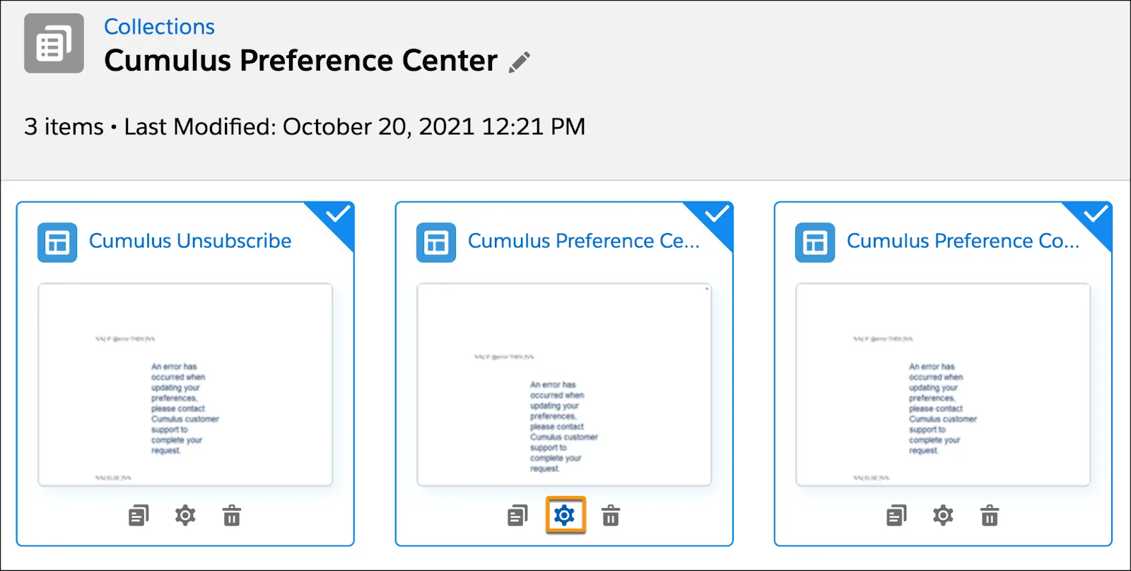 Gear icon circled from the Cumulus Preference Center collection.