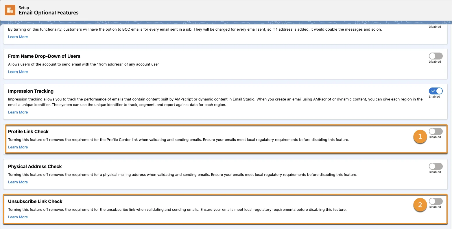 Email Optional Features page in Setup showing Profile Link Check and Unsubscribe Link Check as Disabled.