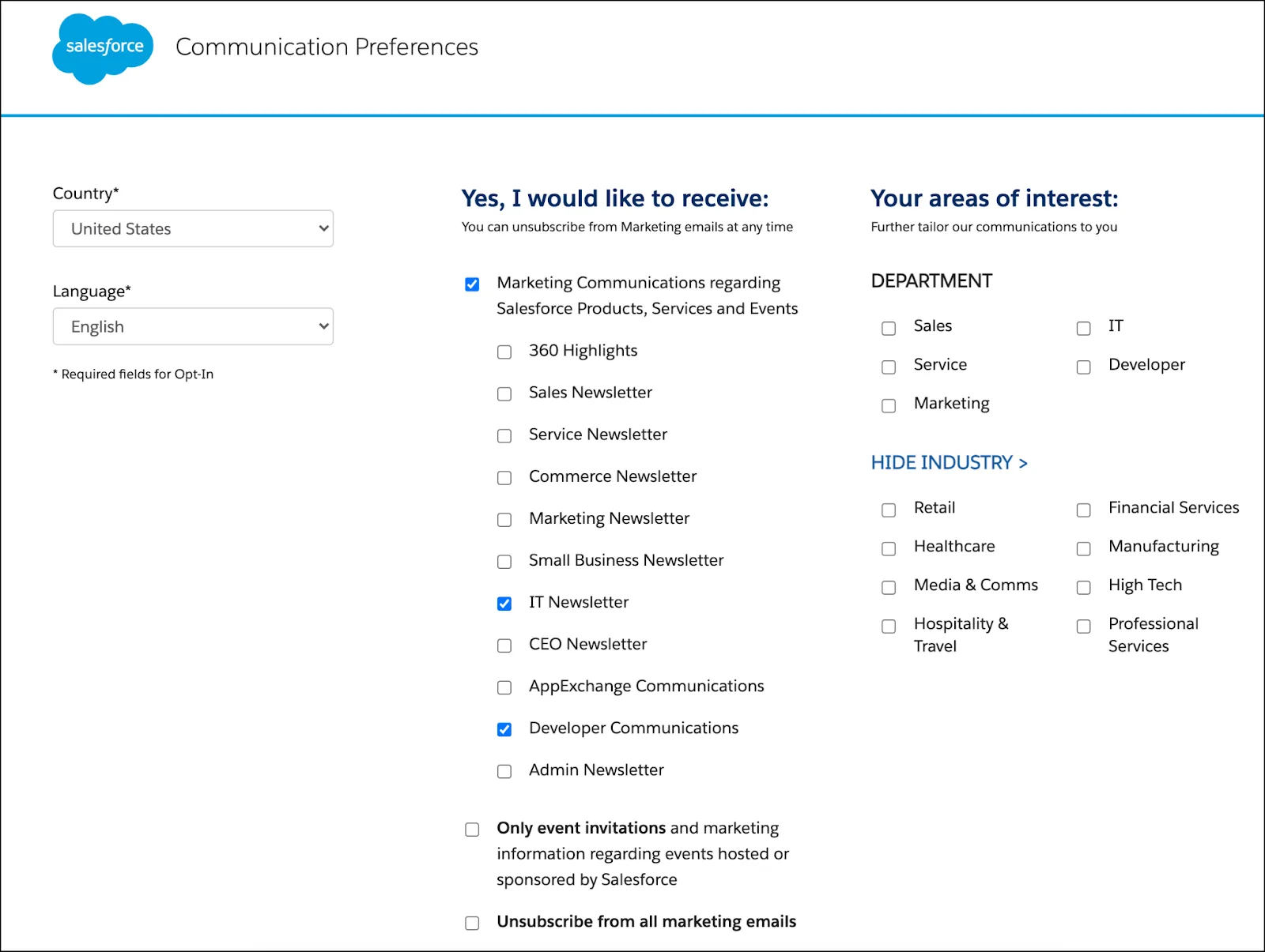 Salesforce Communication Preferences page with communication options.