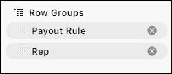 The Row Groups area includes the columns Payout Rule and Rep.