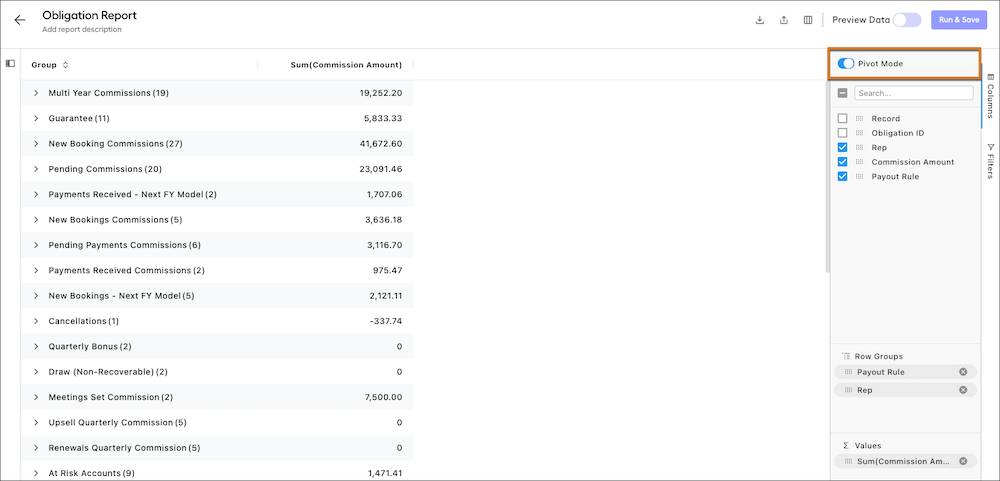 Enabling the Pivot Mode shows the Payout Rule group and the sum of each payout rule’s commission values.