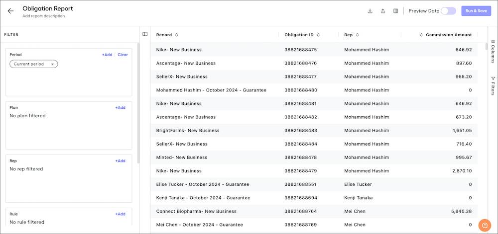 The default obligation report includes columns such as Record, Obligation ID, Rep, and Commission Amount.