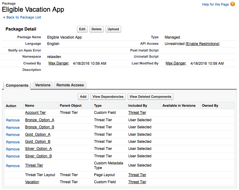 The package detail page displays all the components you added to the package, including your custom metadata types and records.