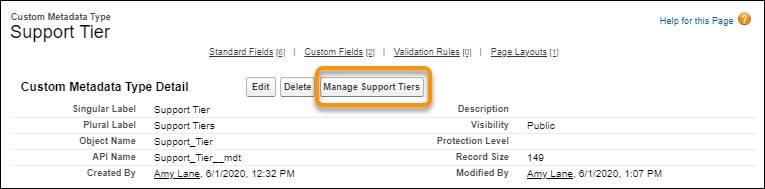 Form with a highlight around the Manage Support Tiers button.