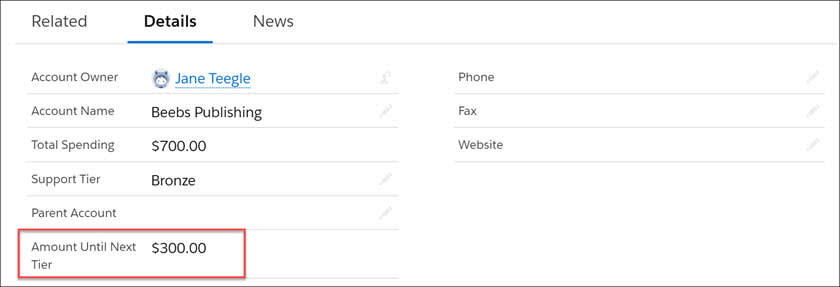 A portion of an Account detail page with the Amount Until Next Tier field.