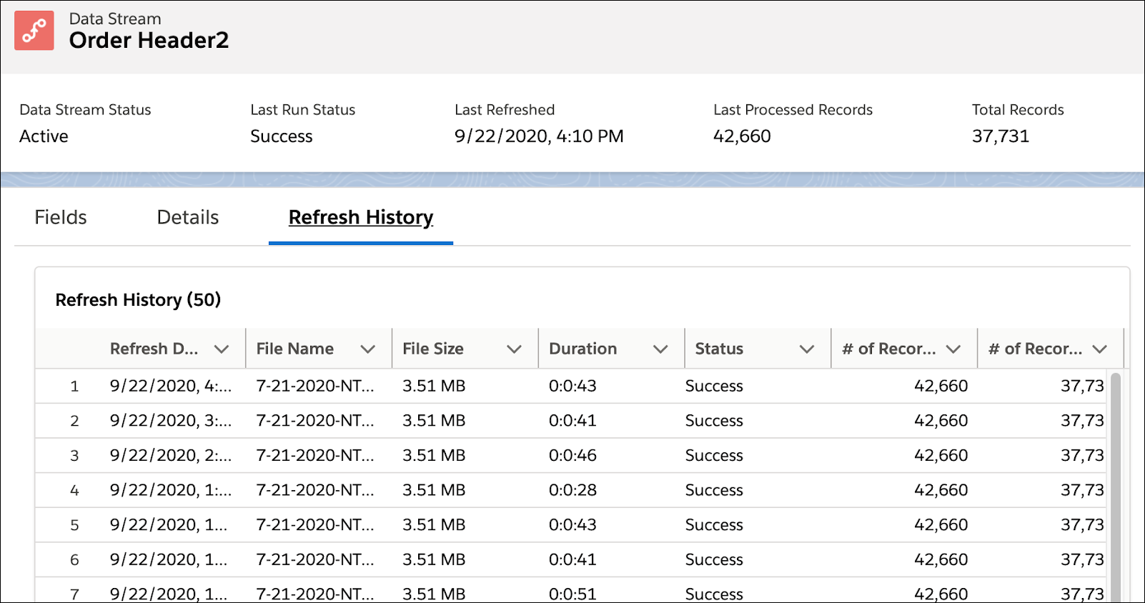 Refresh History tab of the Order Header2 data stream.