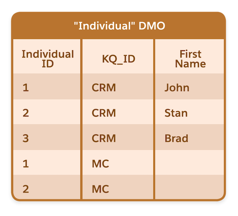 Illustration affichant l’objet modèle de données Individual (Individu) avec trois colonnes : Individual ID (ID d’individu), KQ_ID et First Name (Prénom).
