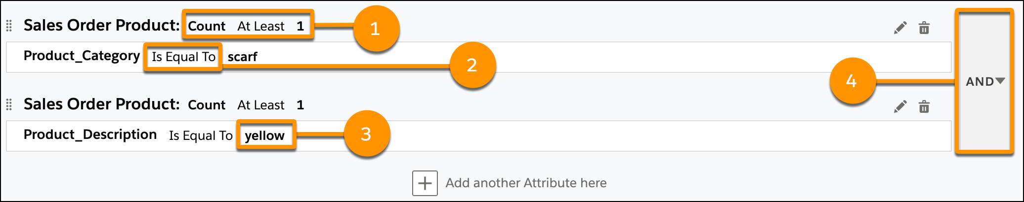 Container example with callouts for aggregation, operators, value, and logic.