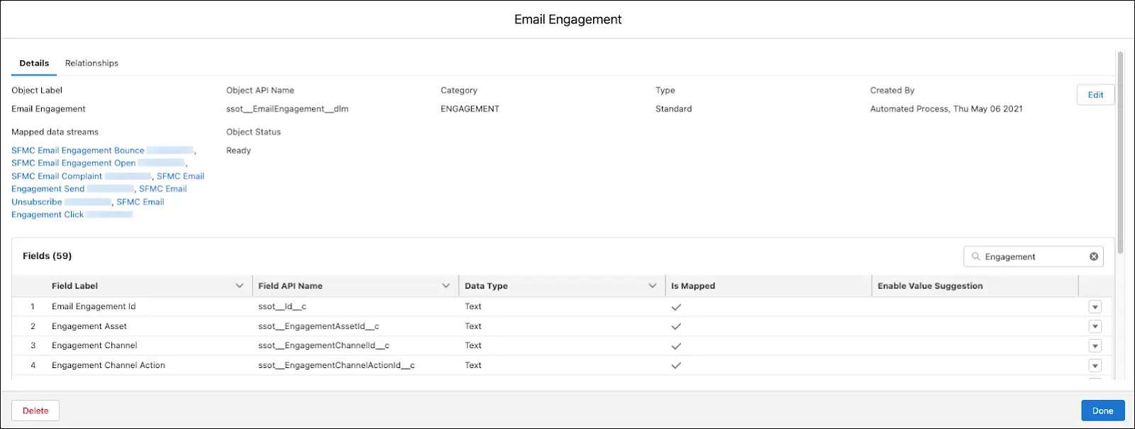 General information for Email Engagement data model object, including identifying data and related fields.