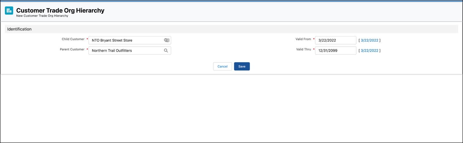 The Customer Trade Org Hierarchy page showing the options to create a new customer hierarchy.