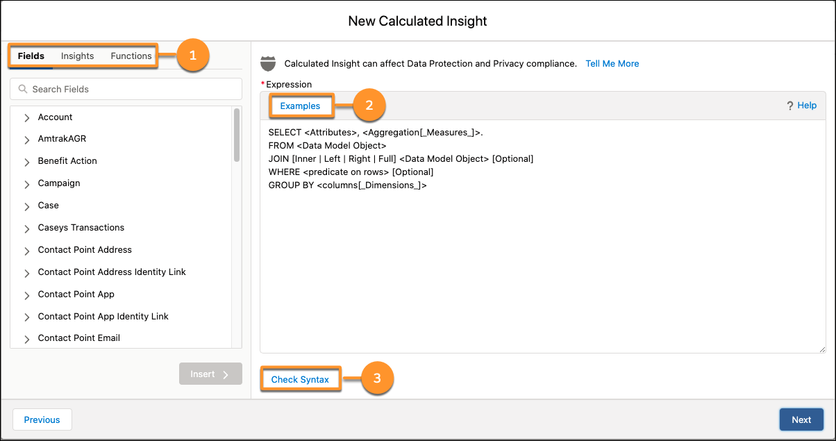New Calculated Insight UI screen with fields, insights, and functions circled, along with examples and check syntax.