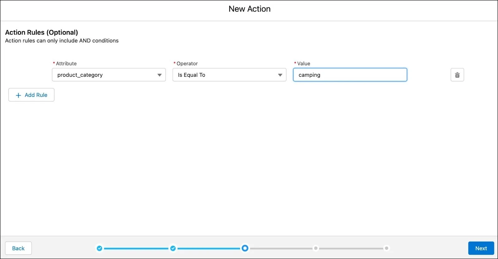 Action rule with attribute as product category, operator as Is Equal To, and value as camping.
