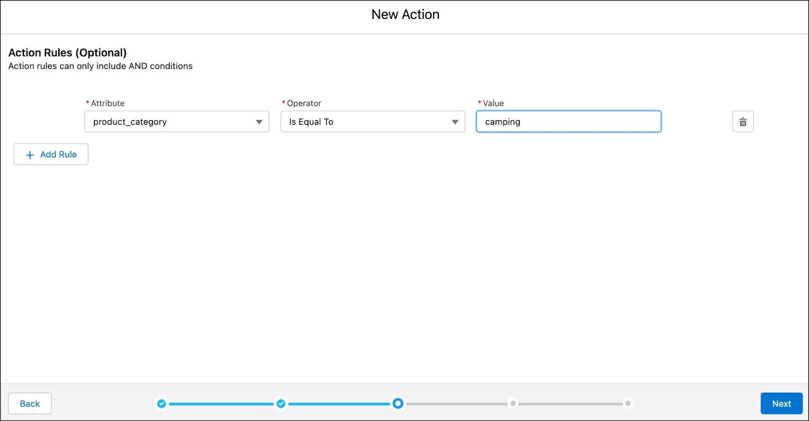 Action rule with attribute as product category, operator as Is Equal To, and value as camping.