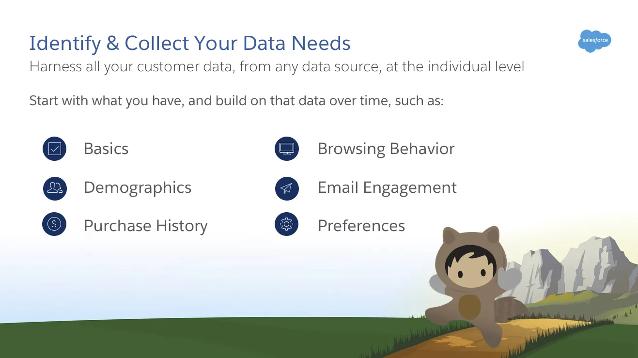 Examples of customer data include basics, demographics, purchase history, browsing behavior, email engagement, and preference.