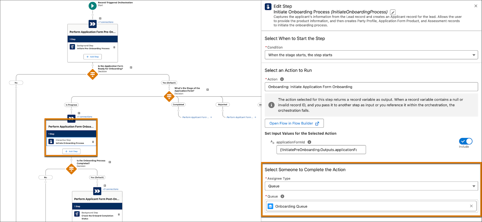 Assigning the Select Someone to Complete the Action element to the Onboarding Queue.