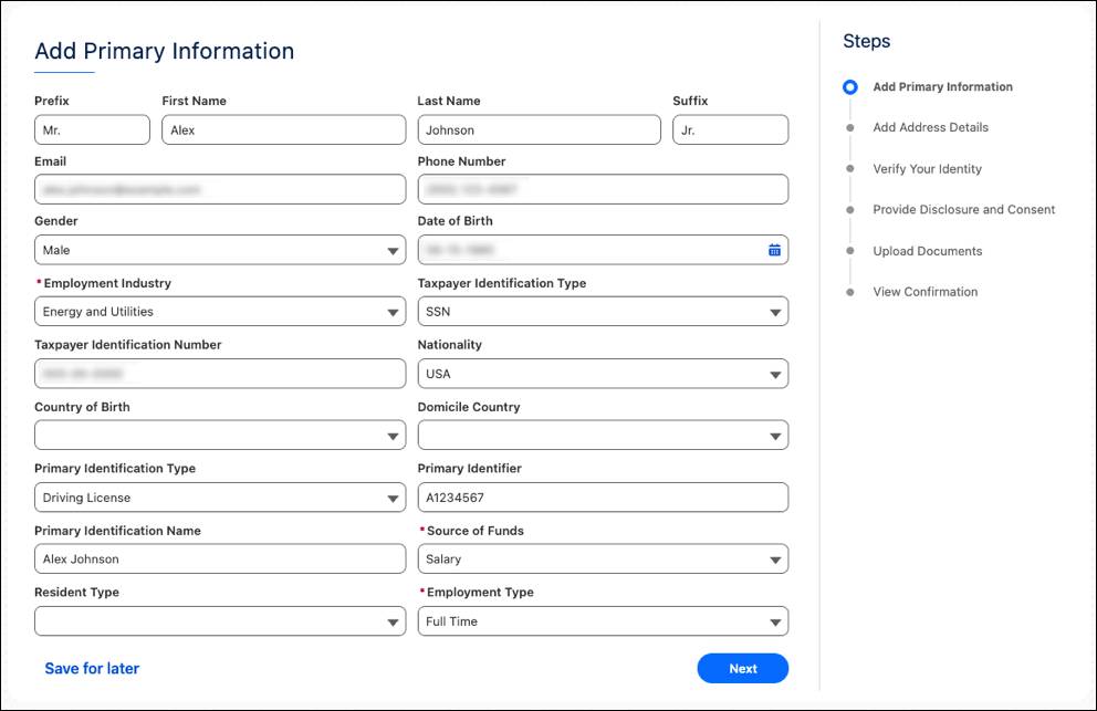 A Discovery Framework-powered intake form with most fields completed.