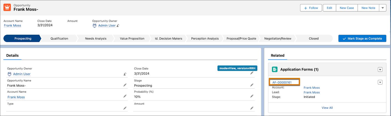 Application form record highlighted in the Related component.