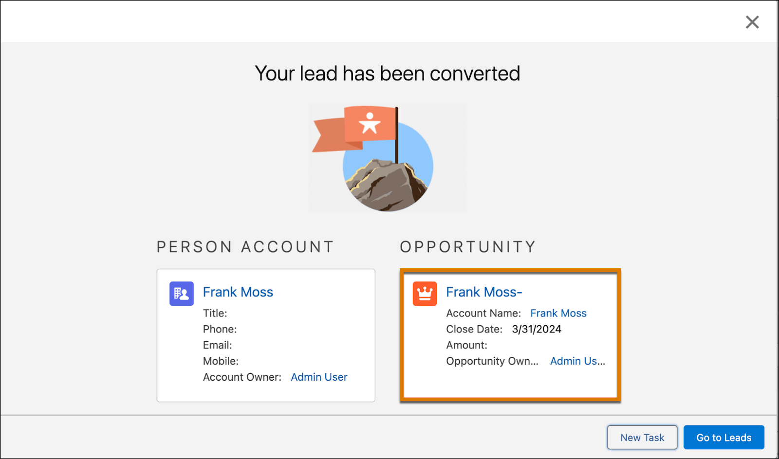 Confirmation window that lead has been converted to an opportunity.