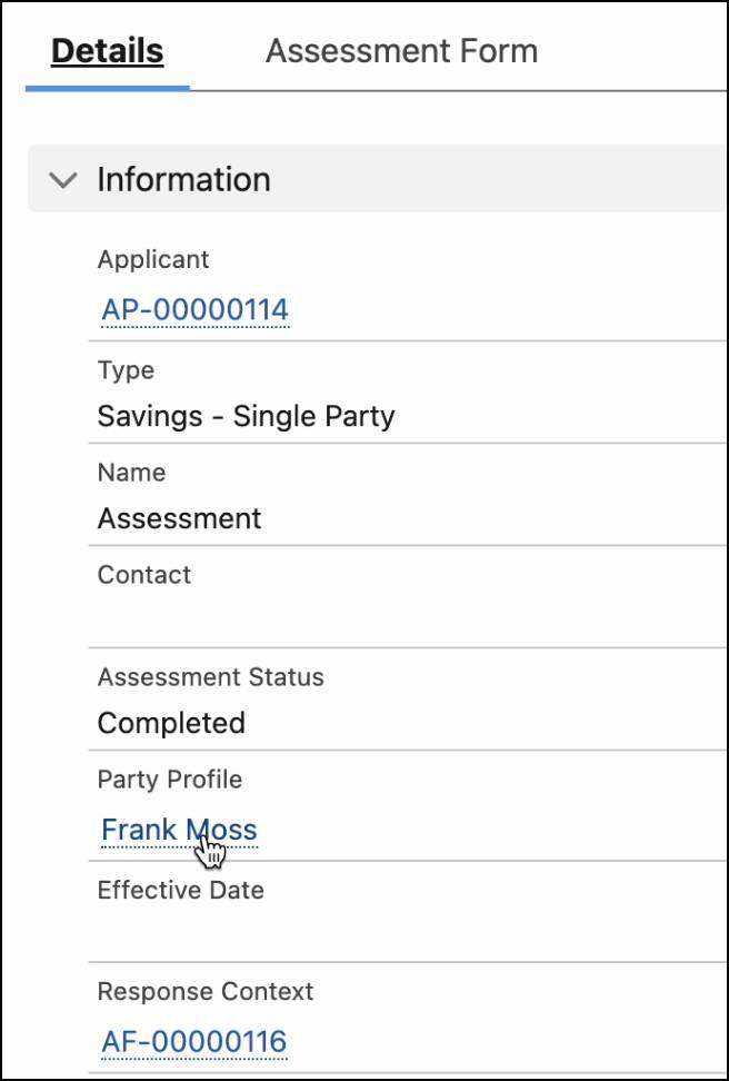 Selection of party profile record in the Details tab.