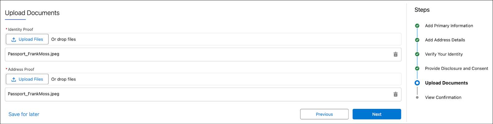 Uploading Identity Proof and Address Proof in the Upload Documents window.