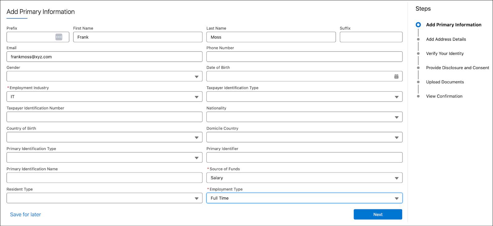 Entering applicant details in the Add Primary Information window.