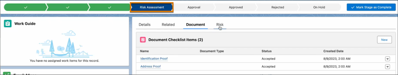 Record's stage updated to Risk Assessment.