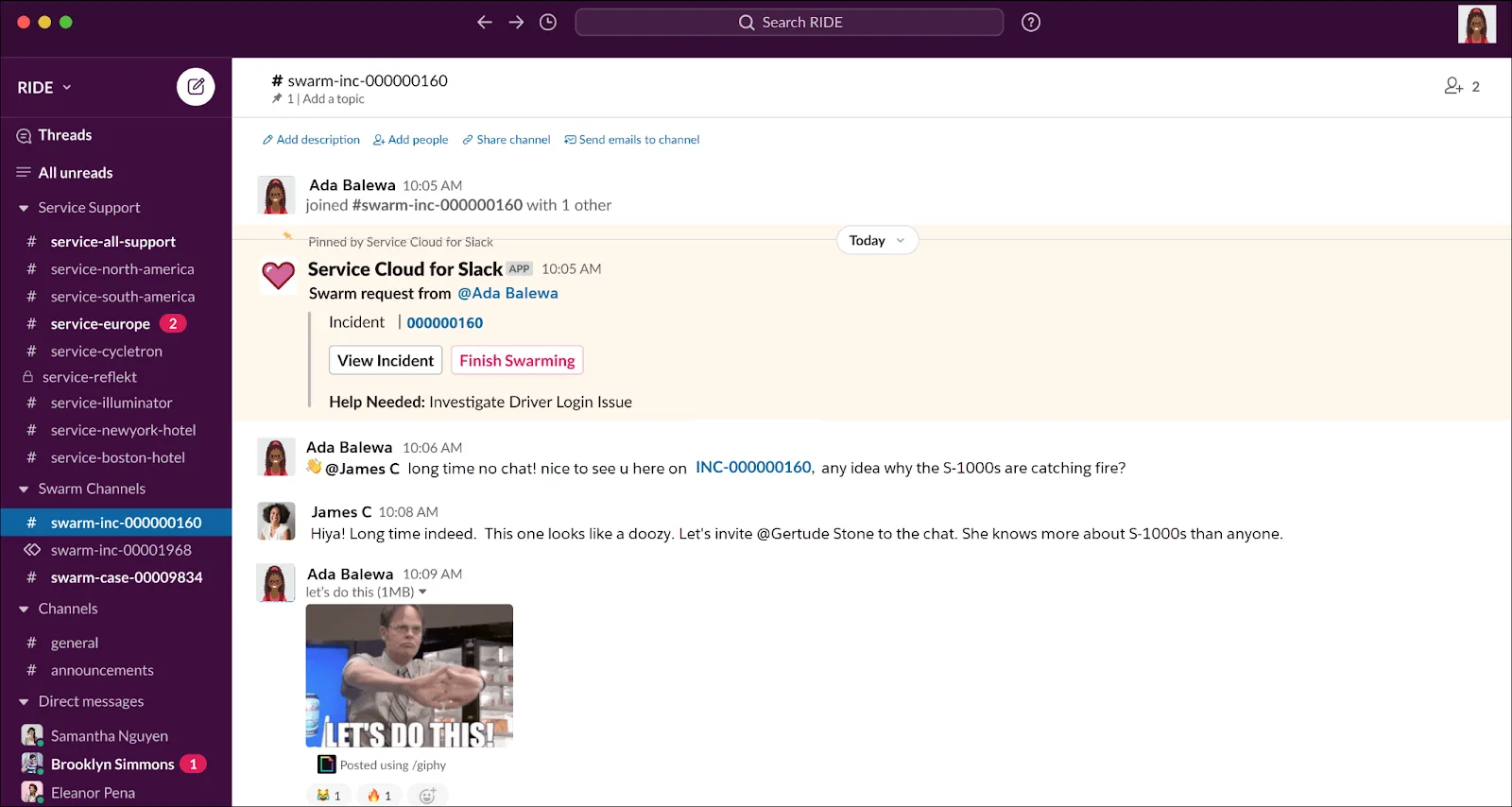 Slack channel showing the incident number and Ada and James discussing adding Gertrude