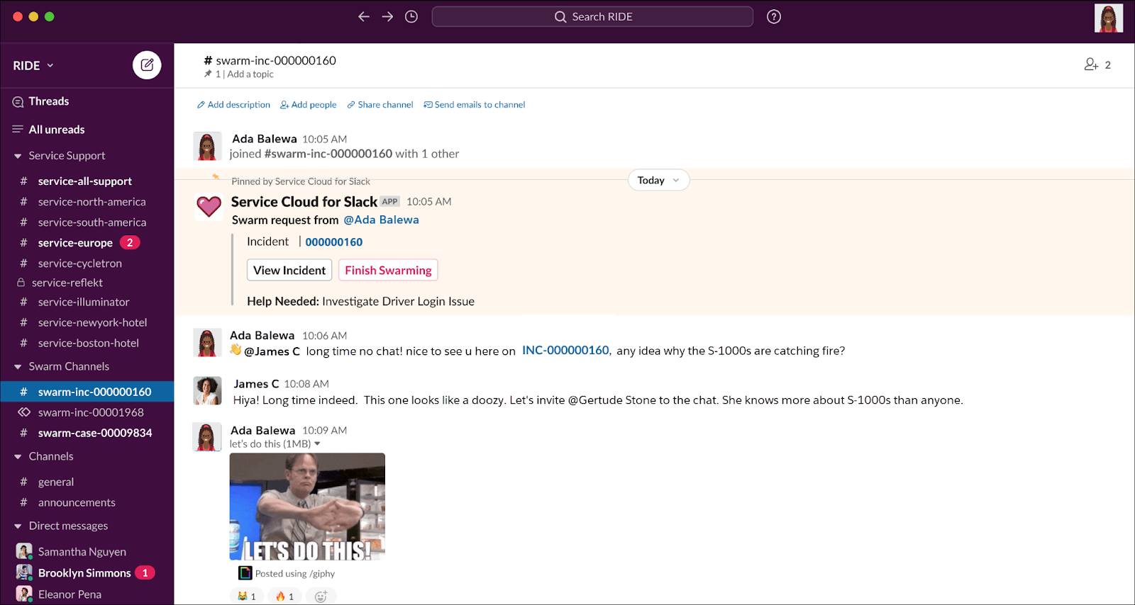 インシデント数が表示され、Ada と James が Gertrude の追加について話している Slack チャンネル