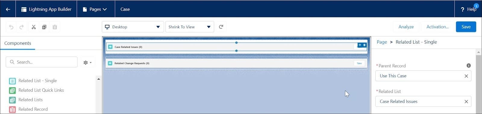 Lightning App Builder with two related lists: Case Related Issues and Related Change Requests.
