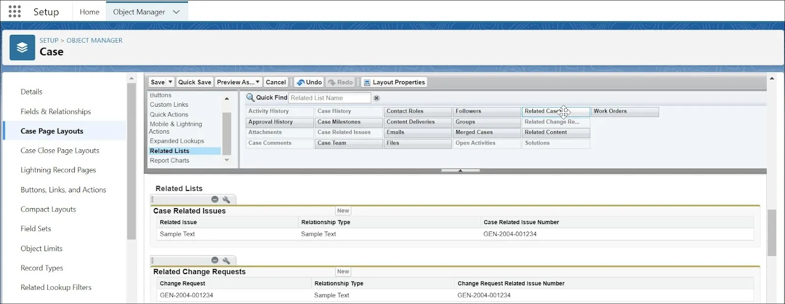 Case (Support) Layout showing the addition of Case Related Issues and Related Change Requests to the Related Lists section.