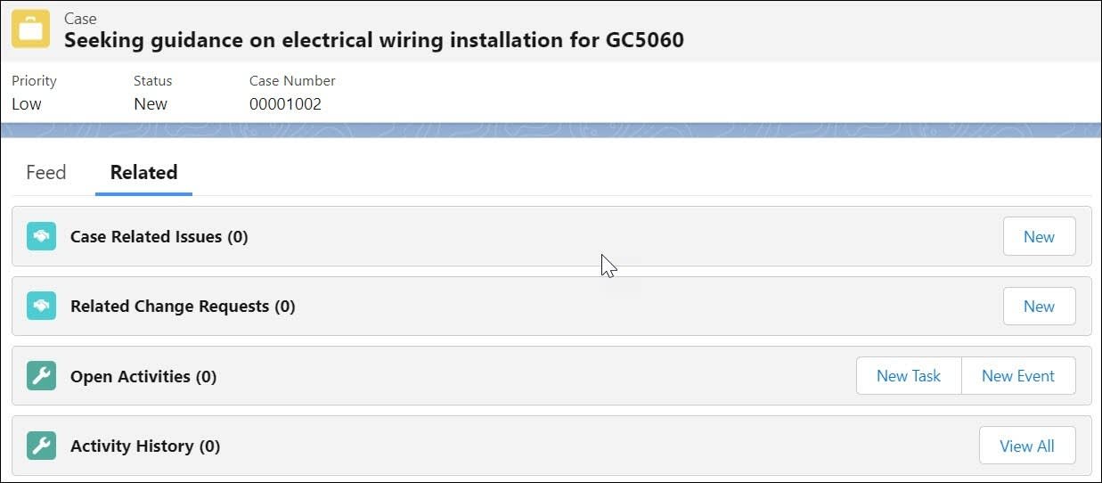 A sample case displaying the new related lists.