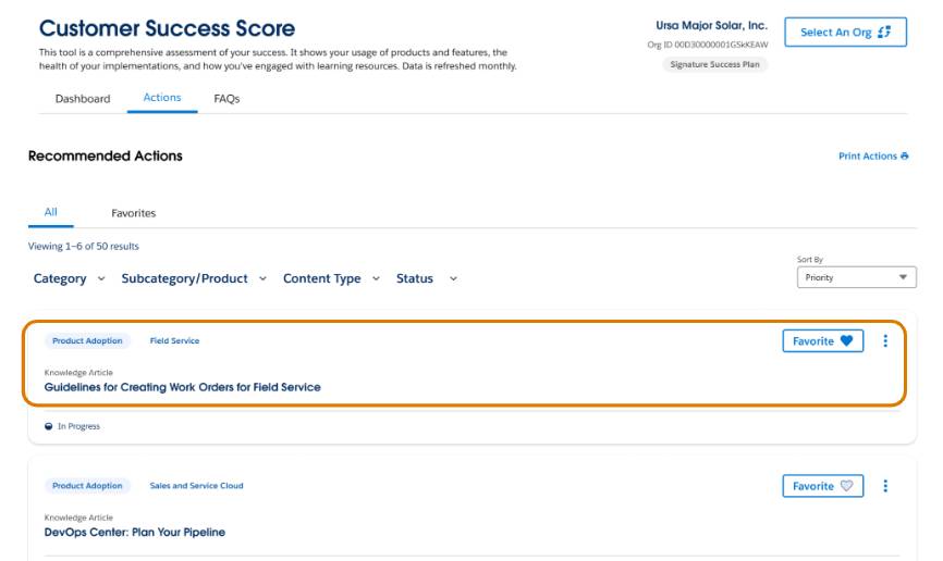 Recommended Actions page, with a Field Service recommendation highlighted, and showing where to ‘favorite’ a recommendation.
