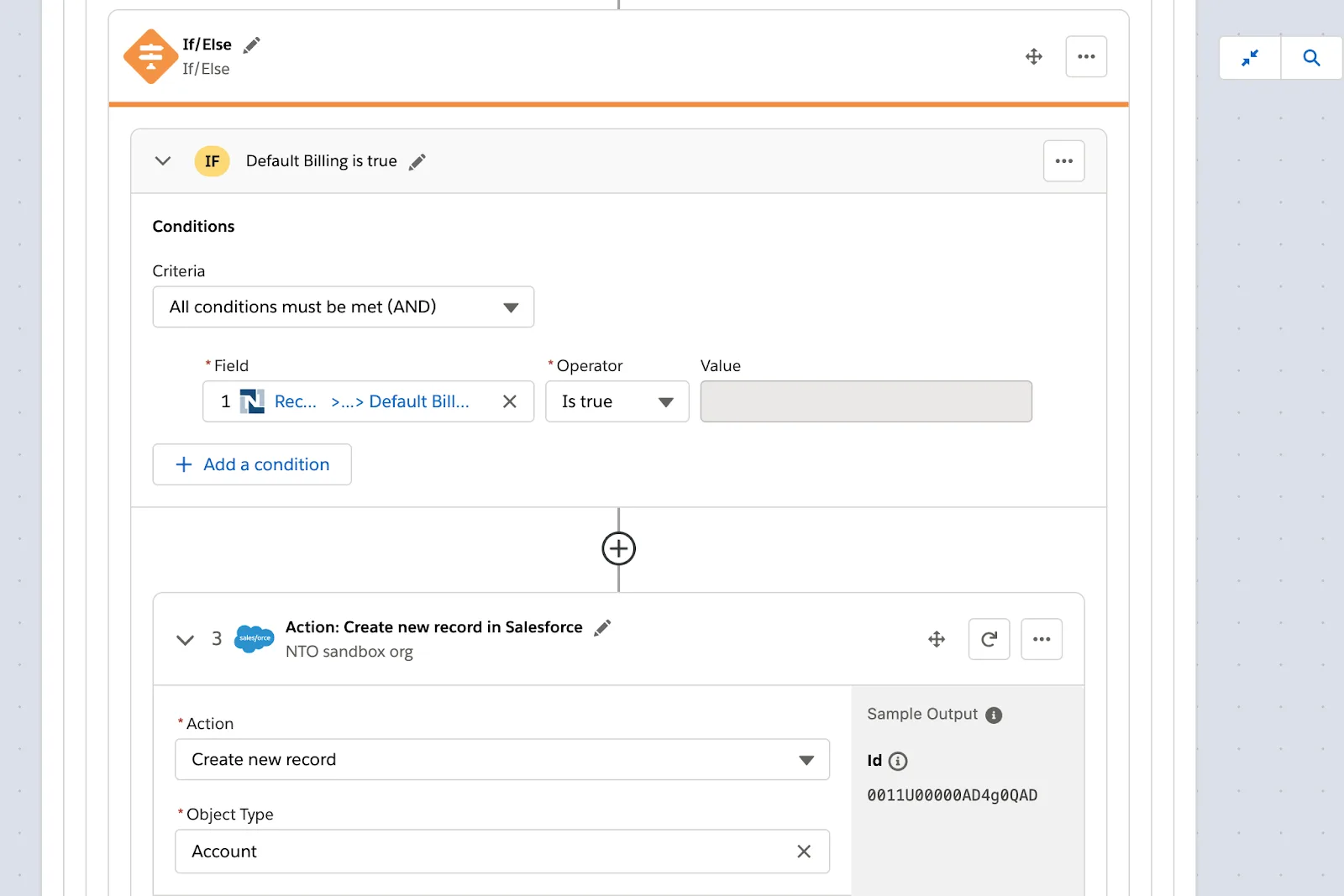 Second If/Else block within For Each block with condition to check for default billing address and Step 3 of flow within second If/Else block to create a new account in the NTO org.