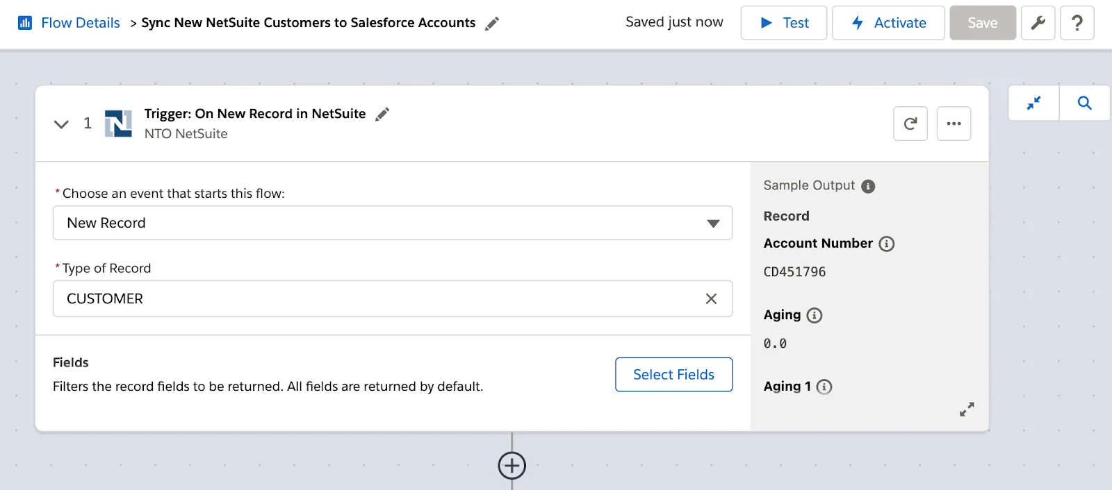 Step 1 of flow showing a new customer in NetSuite as the trigger.