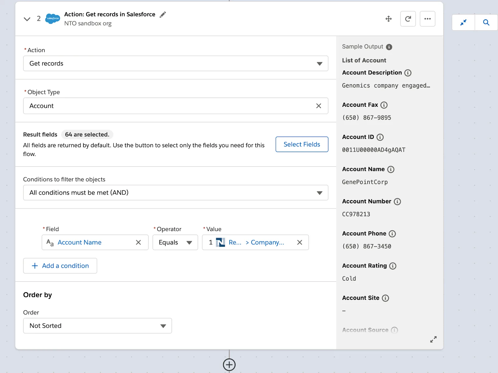 Step 2 of flow to get all accounts with condition that the account name in NTO org must match the company name of the customer in NetSuite.